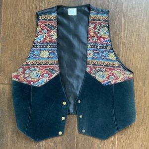 Vintage suede and polyester yoke tapestry women’s vest